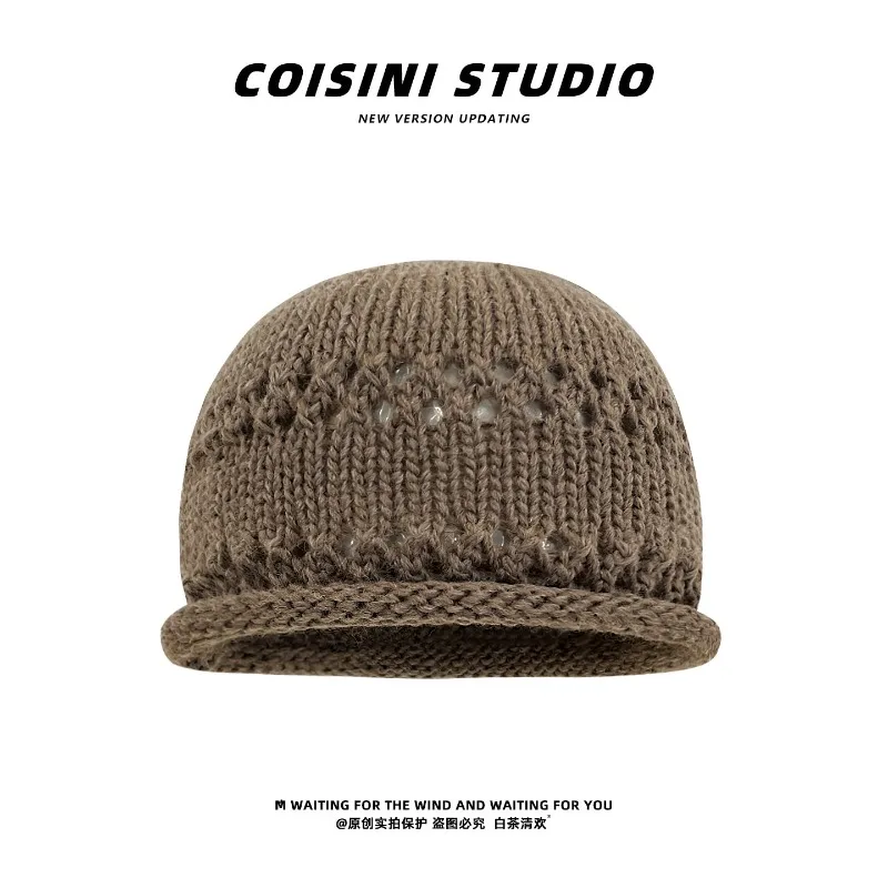 Koreanische Einfarbige Gekräuselte Hohle Strickmütze für Damen, Herbst- und Wintermode, Vielseitige Kuppel-Beanie-Mütze – Detail 3