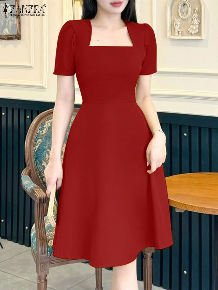 

2025 ZANZEA Elegant A Line Party Dresses Women Square Neck Dress Stylish Summer Sundress Solid Short Sleeve Office Work Vestidos