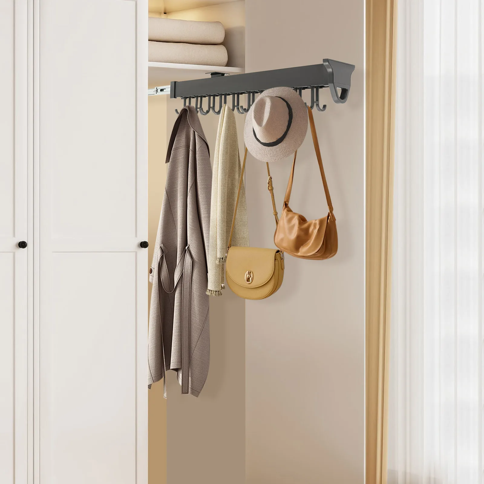 منظم مثبت على الحائط قابل للتمديد، حامل ممسحة مكنسة منزلق مع 20 خطافًا - رف تخزين لأدوات تنظيف مماسح المكانس #6