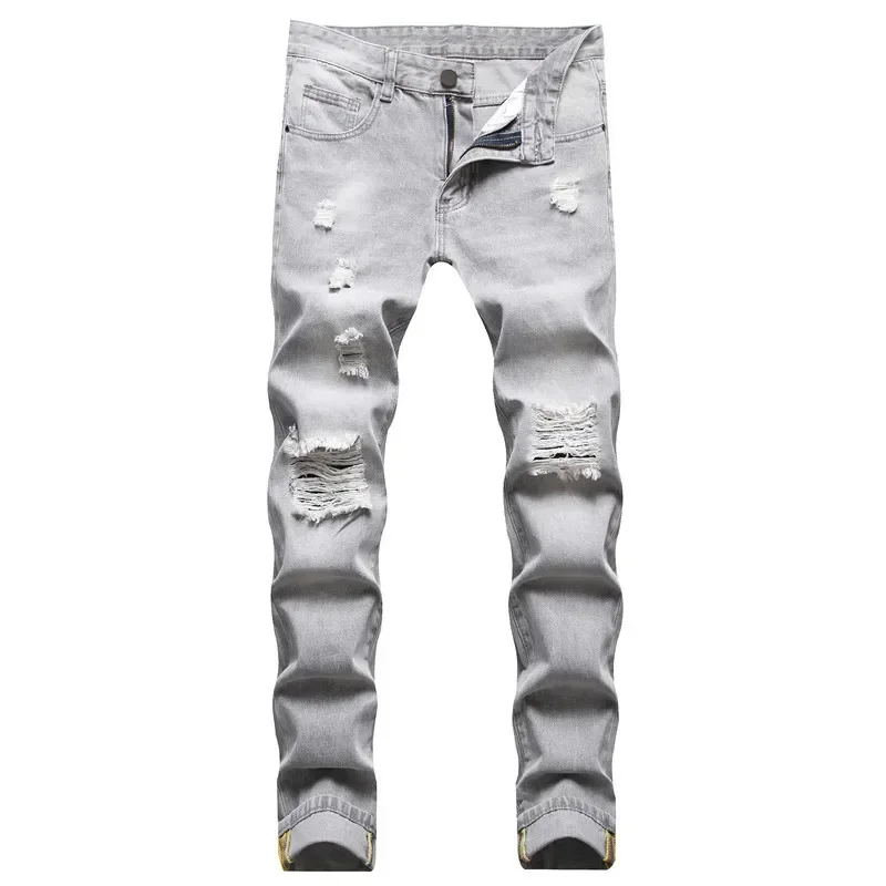 

Hole Jeans Straight Pencil Pants Men Stretch Mid Waist Skinny Denims Distressed Washed 2025 Streetwear Ankle Length Trousers