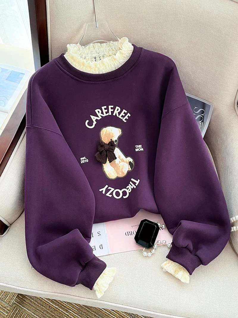 

Autumn/Winter 2024 new cartoon bear alphabet embroidery bow lace half high neck fake two-piece turtleneck hoodie woman