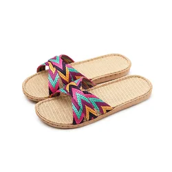 Multicolor Flax Slippers For Women Summer Linen Indoor Shoes Home Casual Beach Slides Cross Belt Ladies Flip Flops Sandals