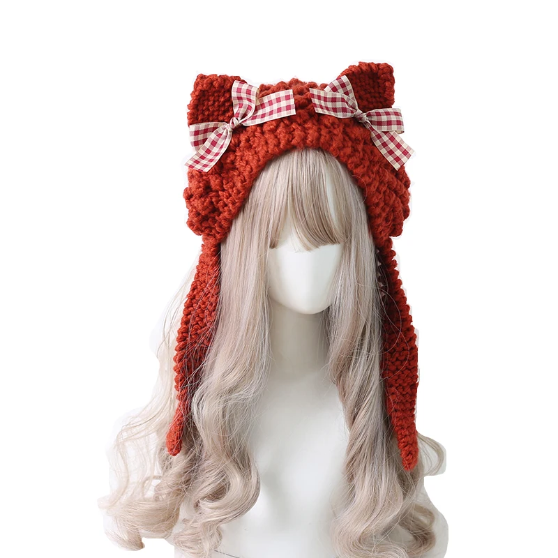 الفتيات اليابانية الناعمة في الخريف والشتاء حلوة (خبز على شكل أذن القط على البخار) قبعة صوف محبوكة لحماية الأذن