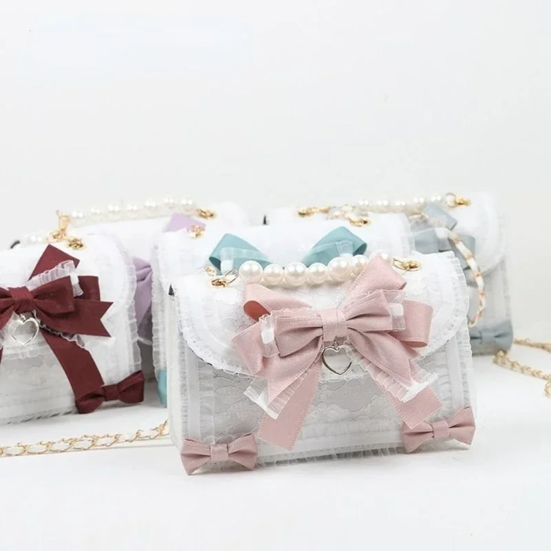 MBTI Lolita Bow Lace Shoulder Bag for Girl Pearl Jk Kawaii 2023 New Trend Purse Japan Style Gentle Female Designer Crossbody Bag