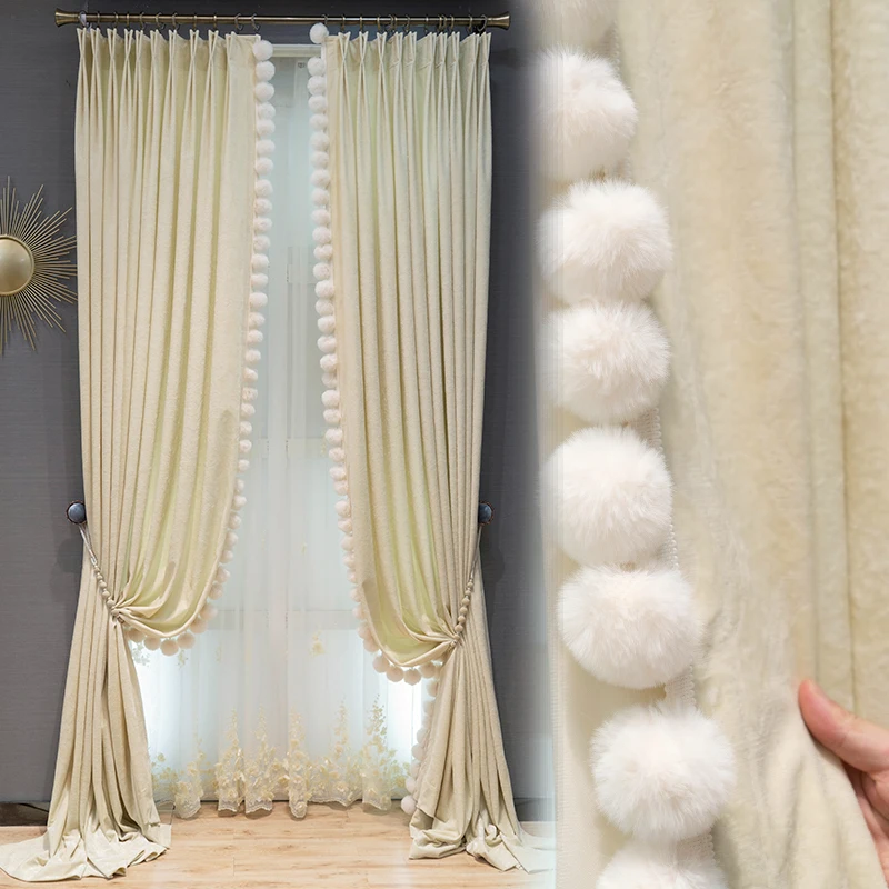 Custom French Nordic luxury  Embroidery cloth Beige white ball velvet texture curtain tulle M1747