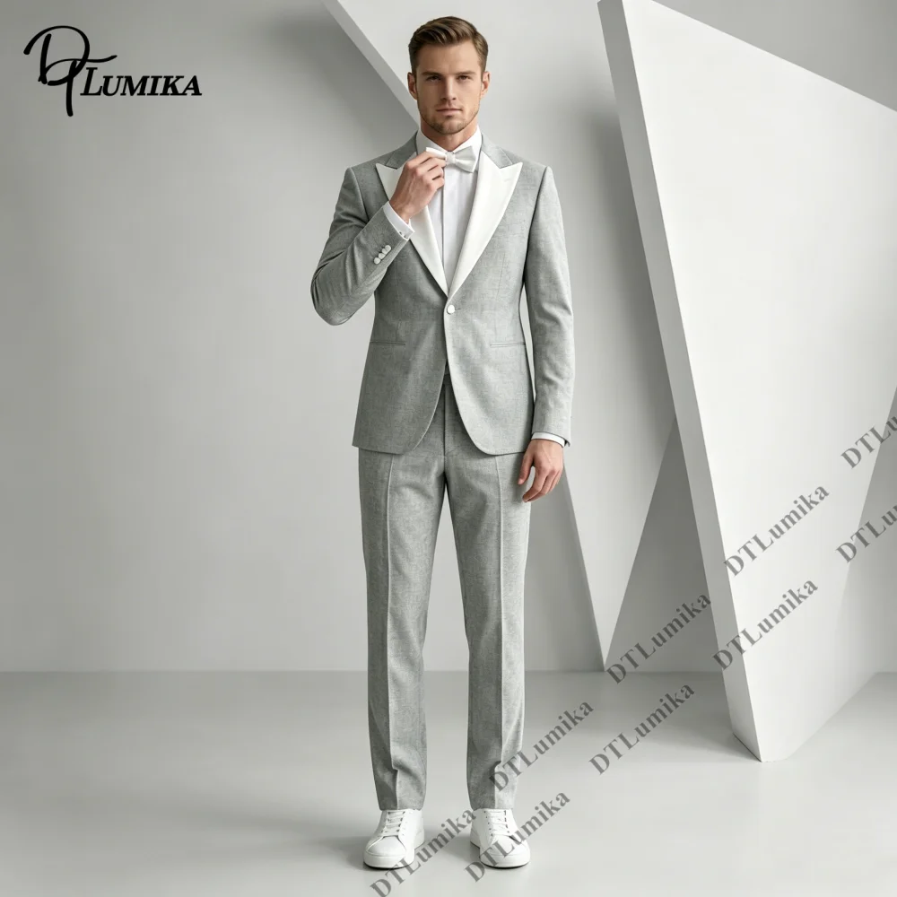 Contrast Shawl Lapel Men 2 Piece Suit Set (Jacket Pants) Summer Beach Wedding Suit Banquet Prom Minimalist Fresh Formal Suit