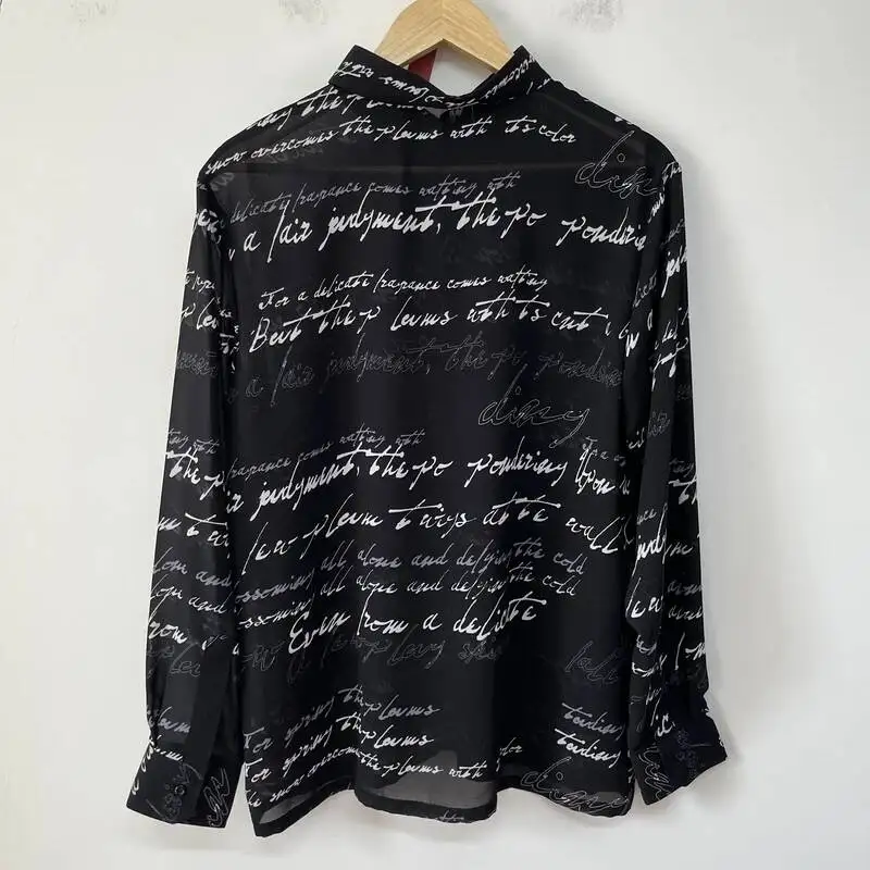 Summer New Men's Shirts Alphabet Print Decoration Chiffon Design Loose-fitting Versatile Shirt Long Sleeve Tops KJYUU