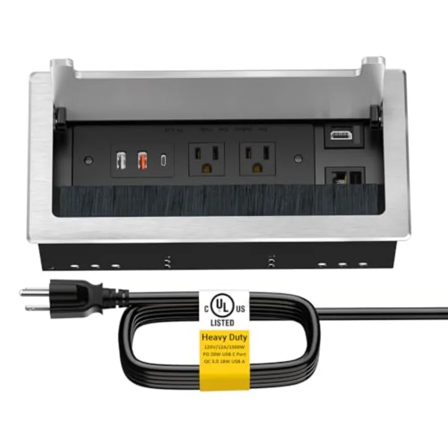 Kungfuking Conference Table Power Hub Outlet Multimedia Connectivity Box with 1 HDMI + 1 RJ45 + 20W USB C + 2 USB A + 2 AC Outl