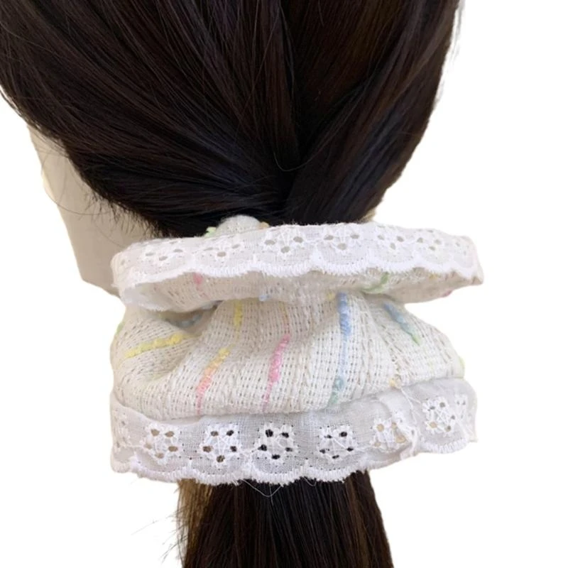 39BC Colorful Lace Trim Hair Scrunchies Layered Elastic Hair Ropes New Year Ponytail Holder Festival Woman Hair Supplies
