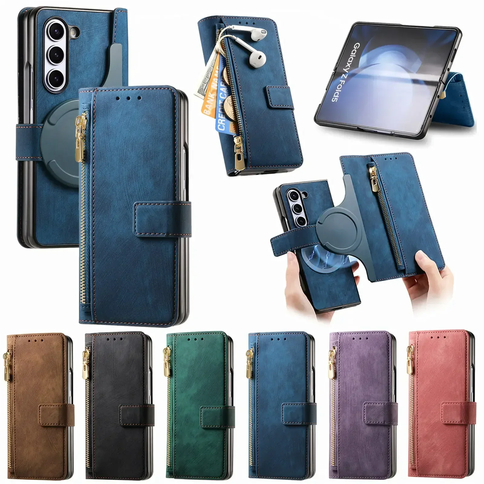 Magnetic Suction Detachable Zipper Card Leather Phone Case For Samsung Galaxy Z Fold 6 5 4 3 Magsafe Case Fold6 Protective Cover