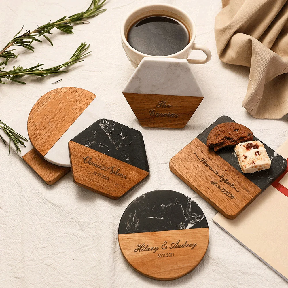 Custom Personalized Text Creative Marble Splicing Wood Coaster Insulation Light Luxury Fashion Decoration Home Accessories Gifts