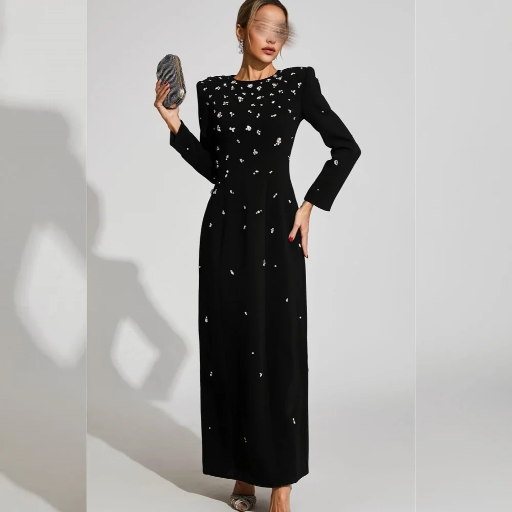 Customized Jersey Rhinestone O-Neck Midi Dresses Bespoke Occasion Classic Retro Elegant Women Evening Party Gown Glitter