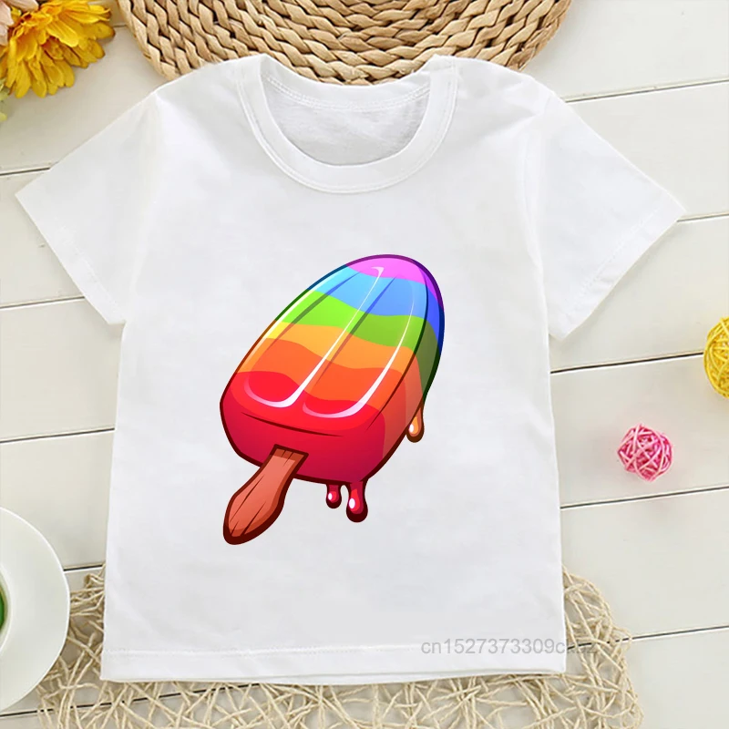 T-Shirt For Kids Cute Rainbow Popsicle Print Boy’S T Shirt Funny Ice Lolly Toddler Baby Tshirts Casual Girls White Short Sleeve