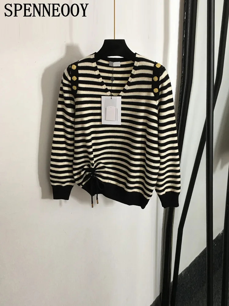 

SPENNEOOY Fashion Runway Autumn Striped Knitting Casual Pullovers Women's V-Neck Button Long Sleeve Bow Ruched Sweaters