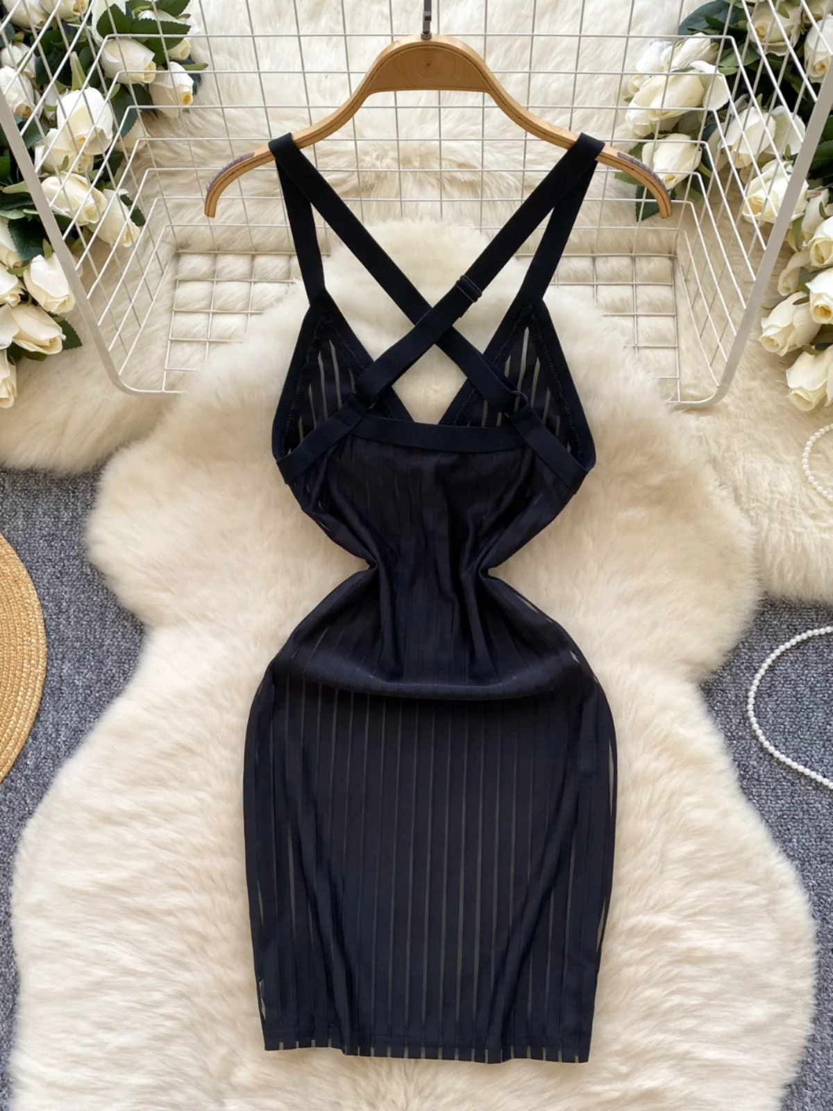 فستان نسائي ضيق بحمالات للربيع والصيف، تصميم شبكي مفتوح الظهر، تنورة ضيقة بأسلوب كوري على شكل حرف A #5