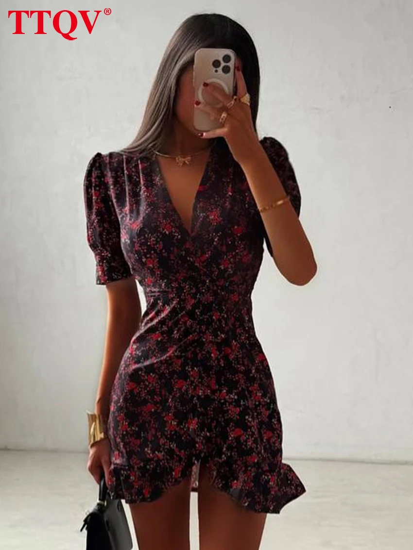 Vestido de Mujer TTQV, Estampado, Corte Ajustado, Verano 2026, Cuello en V, Manga Corta, Mini Vestido Elegante, Clásico, Cintura Alta
