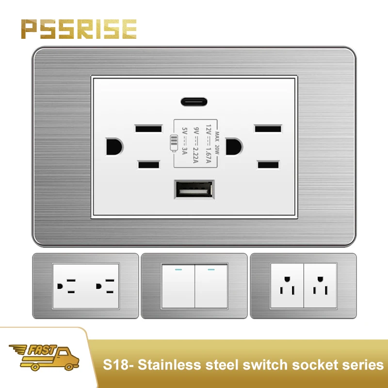 

PSSRISE Thai US Standard Wall Light Switch Power Socket With 2.1A USB Type-c Port White Stainless Steel Panel TV Computer Outlet