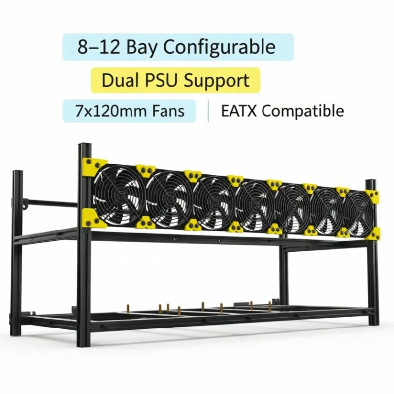 VEDDHA Mindercase V4 Open Frame – 8‑12 Bay, Dual PSU, 7 Fans, Stackable, EATX/ATX, Mining/AI/Workstation
