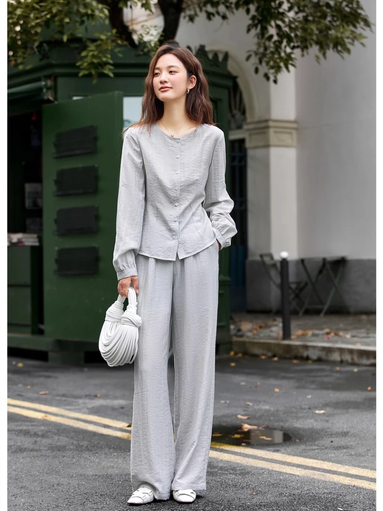 

VIMLY Woman 2 Piece Outfit Set Green Texture Autumn 2025 Round Neck Lace-Up Tops Wide Legs Long Pants Female Trouser Sets A2880