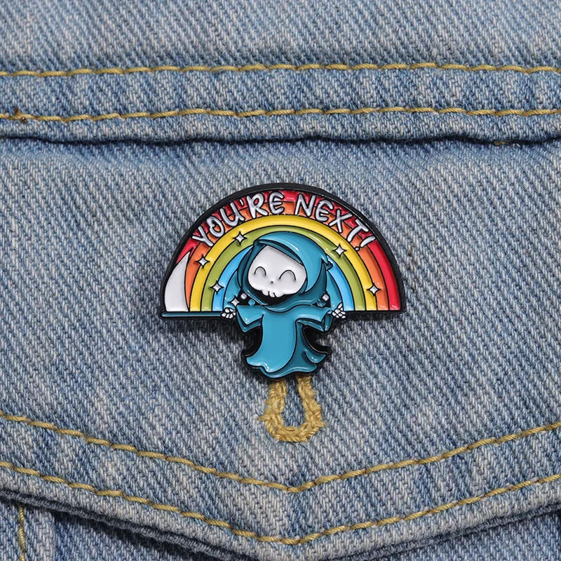 Halloween You're Next Humorous Enamel Pins Cartoon Rainbow Grim Reaper Lapel Badges Punk Metal Brooches Jewelry Accessories Gift