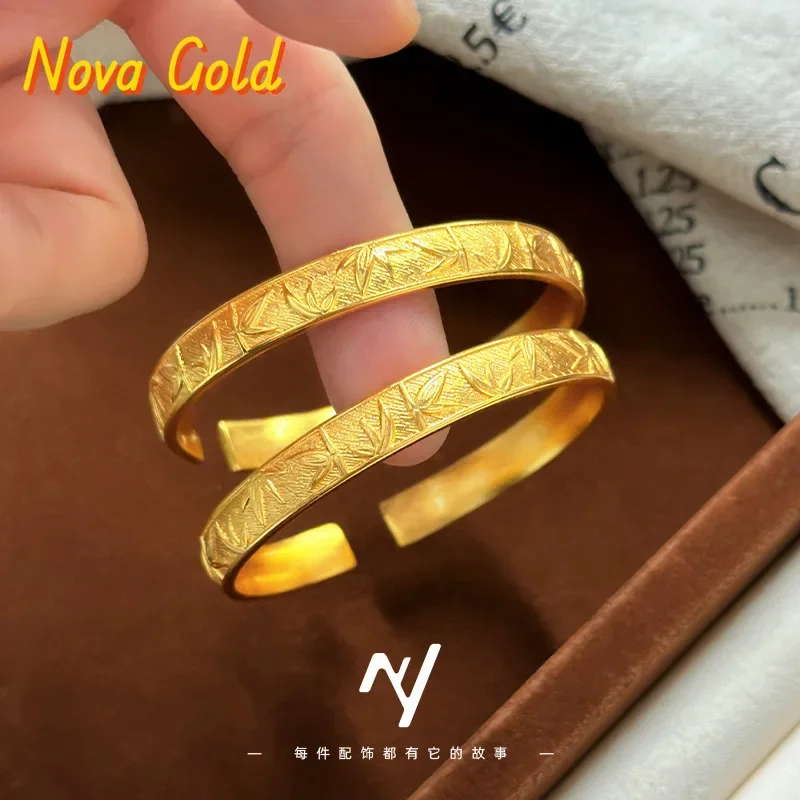 

NovaGlod 2025 new 24K ethnic style new Chinese design 9999 real gold opening national style bamboo leaf opening bracelet for wom