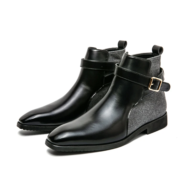 Men Buckle Decor Square Toe Dress Boots Business Office Dress Shoes