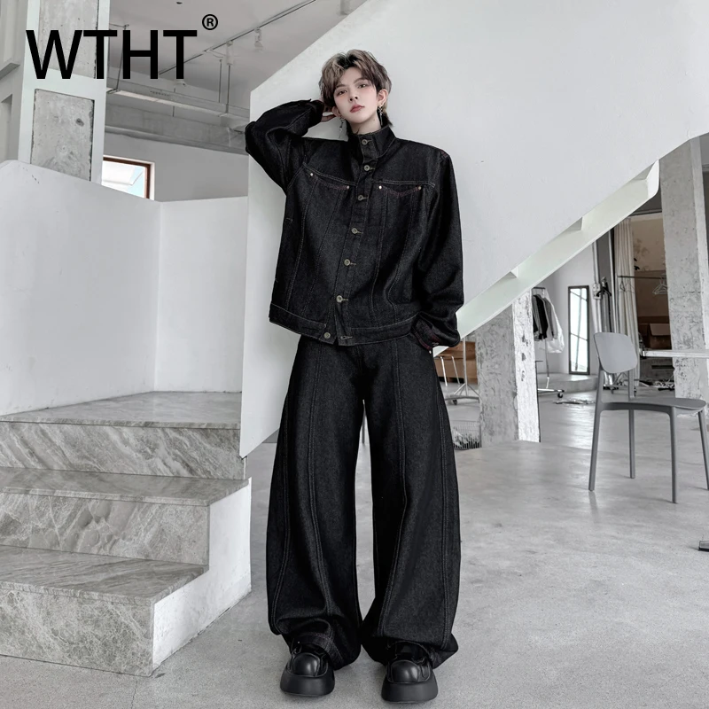 

WTHT Vintage Men's Set Spliced Stand Collar Cargo Denim Coats Casual High-wasited Wide Leg Jeans Suit Male 2025 Autumn 2A1696