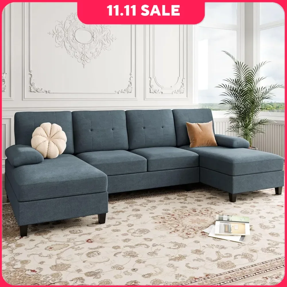 Sectional Sofa with Double Chaise 4Seat Sleeper Sofas Couch with Sofa Cushion & Linen Fabric for Living Room U-Shaped Sofa Couch