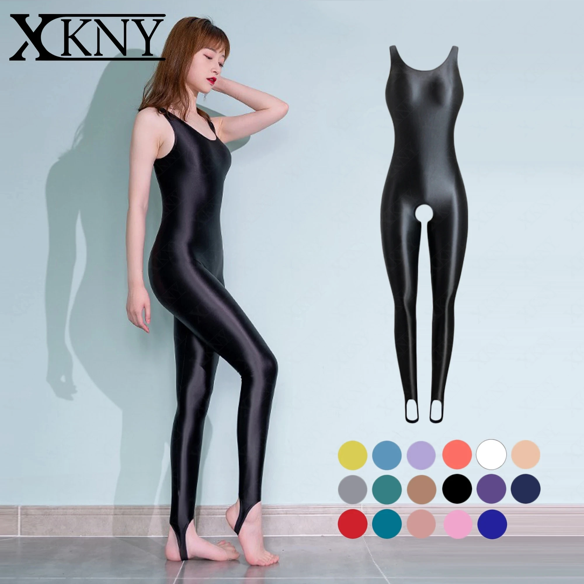 XCKNY satin glossy Skin Bodysuit Oil Tights Shiny Smooth Sexy Unisex Overall Yoga Zentai Playsuit open crotch Jumpsuits