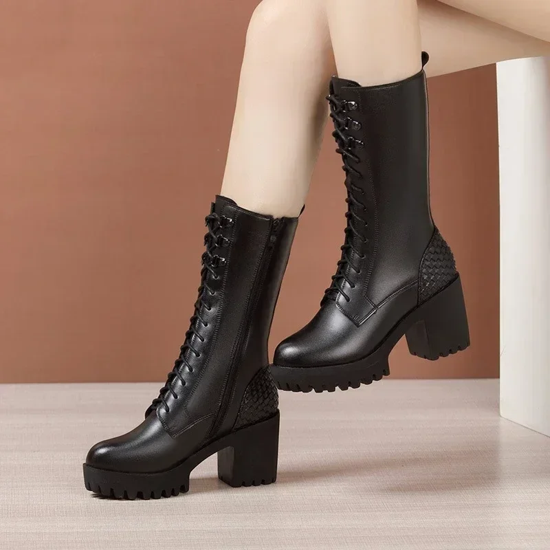 8cm 10cm Small Size 32-43 Genuine Leather Boots Womens Platform Shoes with Fur 2024 Block High Heels Mid Calf Boots Office Model