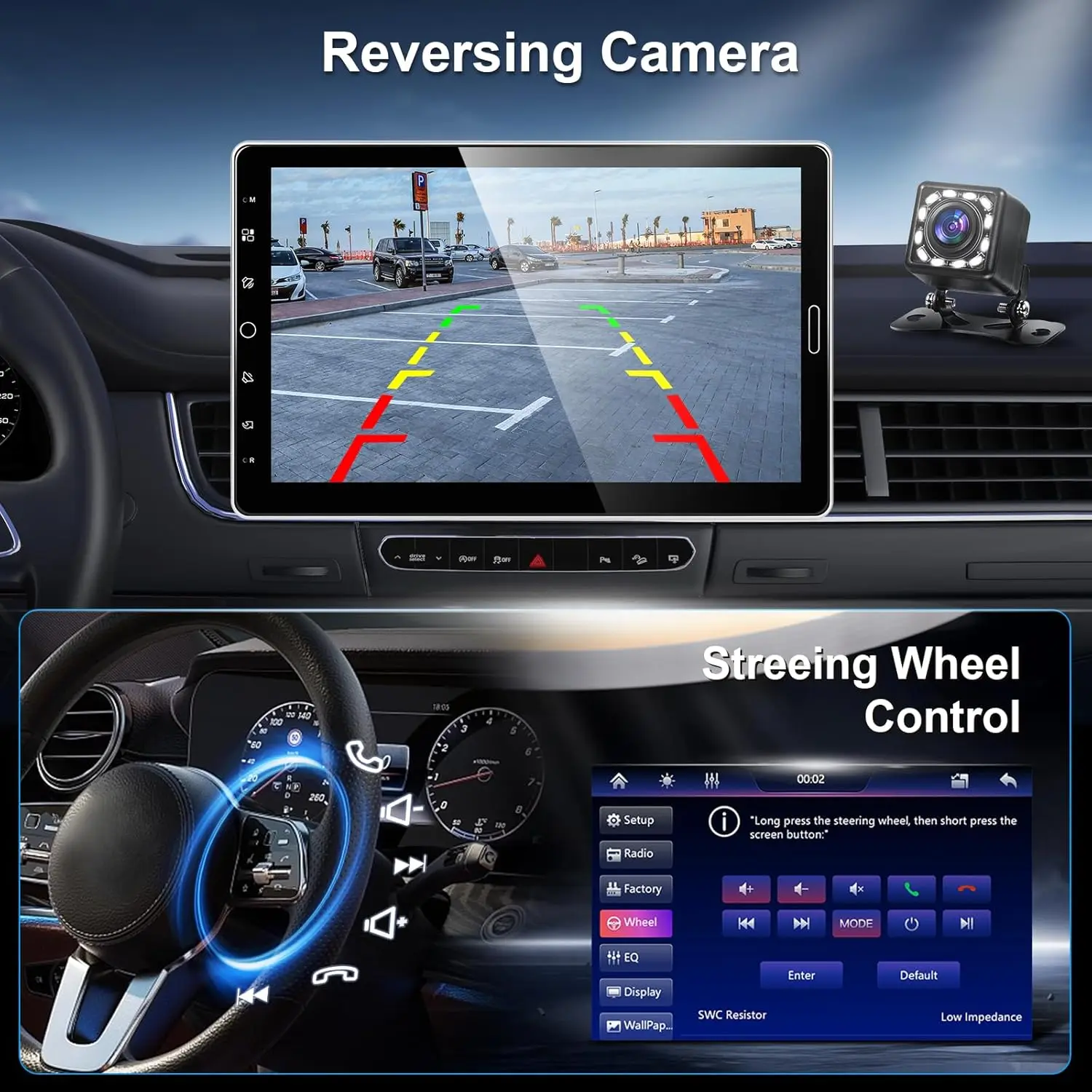 10.1인치 수직 회전형 카 스테레오 (무선 카플레이 & 안드로이드 오토, 블루투스, GPS, FM/RDS, USB/AUX, 후방 카메라 포함)