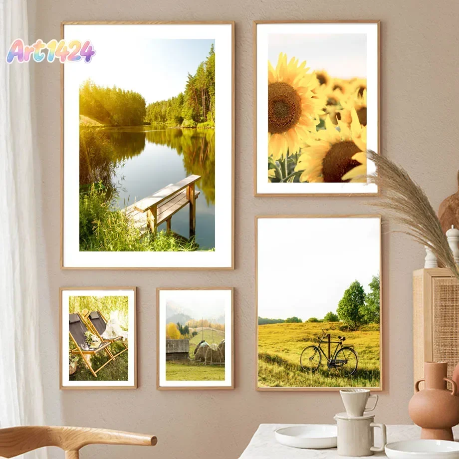 Spring Sunflower Idyllic Lake Landscape Wall Art Aesthetics Print Canvas Painting Posters for Living Room Modern Home Decor