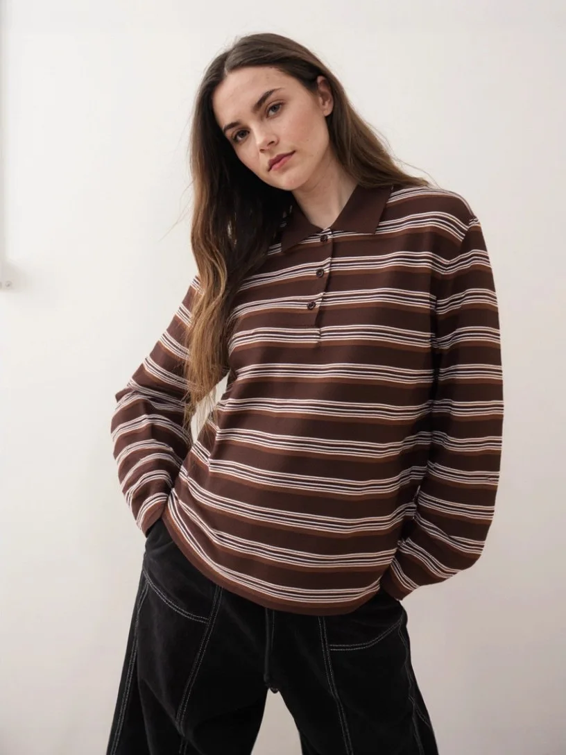 Polo Vintage rayé à manches longues pour femmes, T-Shirt ample à la mode, pull basique, haut en coton, Polo décontracté
