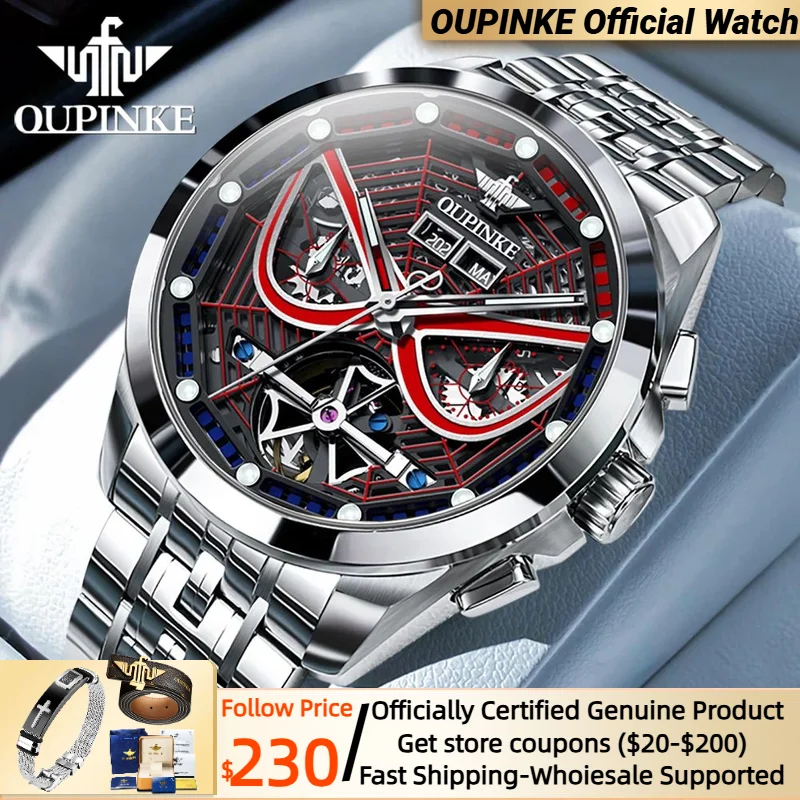 

OUPINKE 3250 Automatic Mechanical Watch for Men Battle Armor Skeleton Spider Web Drive Machinerg Sapphire Mirror Men's Watch New