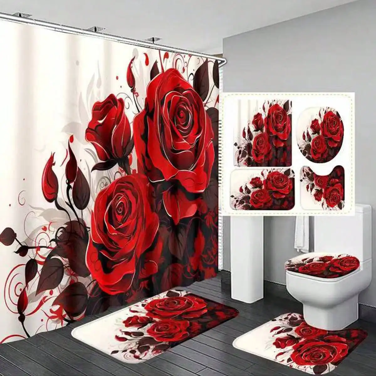 

1/4pcs Red Rose Pattern Shower Curtain Set (With 12 Hooks) + Non-Slip Bathroom Rug, U-Shaped & Toilet Seat Mat