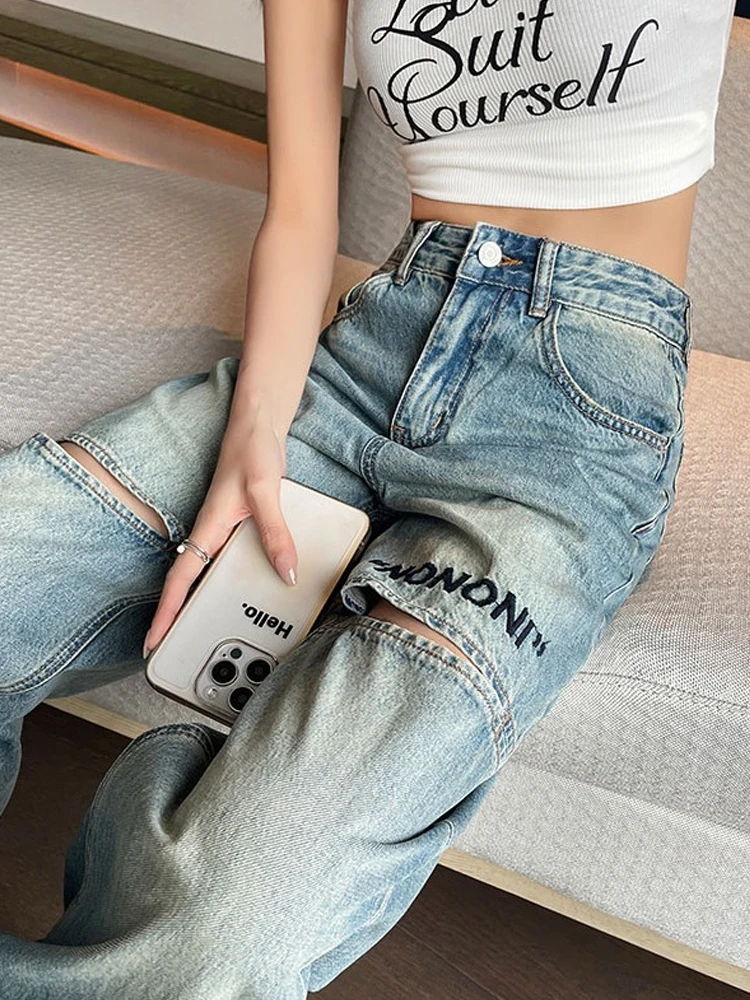 

American style distressed wide leg jeans for women's summer high waist slim loose design embroidered letter straight leg pants