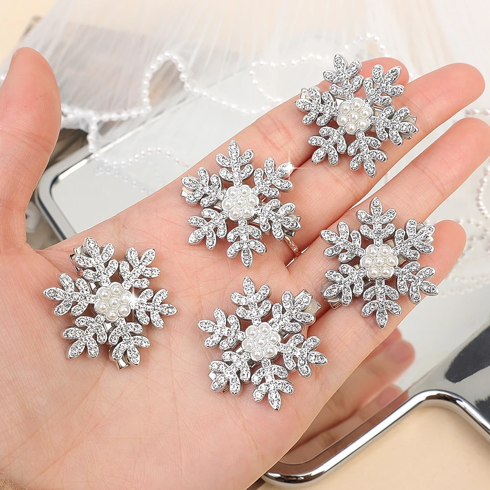 Shining Snowflake Hair Clips Korean Women Elegant Crystal Pearl Flower Hairpins Barrette Wedding Exquisite Headwear Hair Jewelry