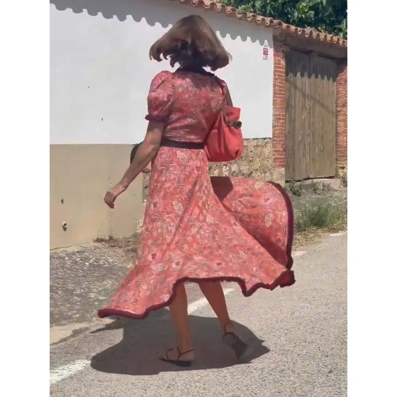 Elegant Women Bohemian Vacation Dress with Tassel Y2K Vintage Celebrity Short Puff Sleeve V Neck Slit Ruffle Festival Long Dress