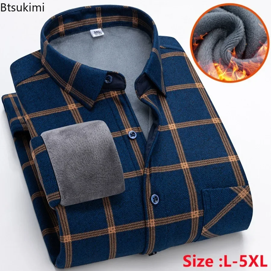 2023 Men\'s Thick Warm Long Sleeve Plaid Shirt Autumn Winter Fleece and Thick Warm Casual Shirts for Men Plus Size Plaid Shirt5XL