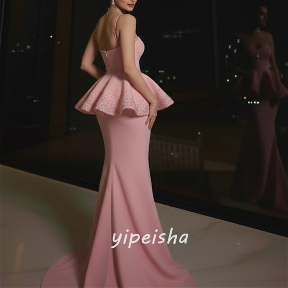 Personalizado de alta calidad elegante Jersey rebordear sirena acanalada correa de espagueti vestidos largos vestidos de noche tamaños disponibles Retro