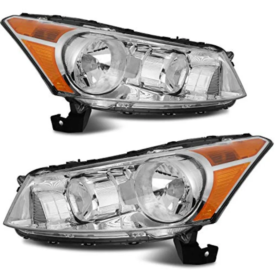 

Headlight Assembly Pair Replacement for Honda Accord Sedan 4Dr 2008-2012 Chrome Housing Amber Reflector Clear Lens Driver Passe