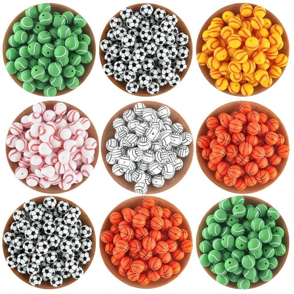 

500Pcs/Lot 15mm New Silicone Beads Printed Baseball Tennis Basketball for Jewelry Making DIY Bracelet Jewelry Accessorie