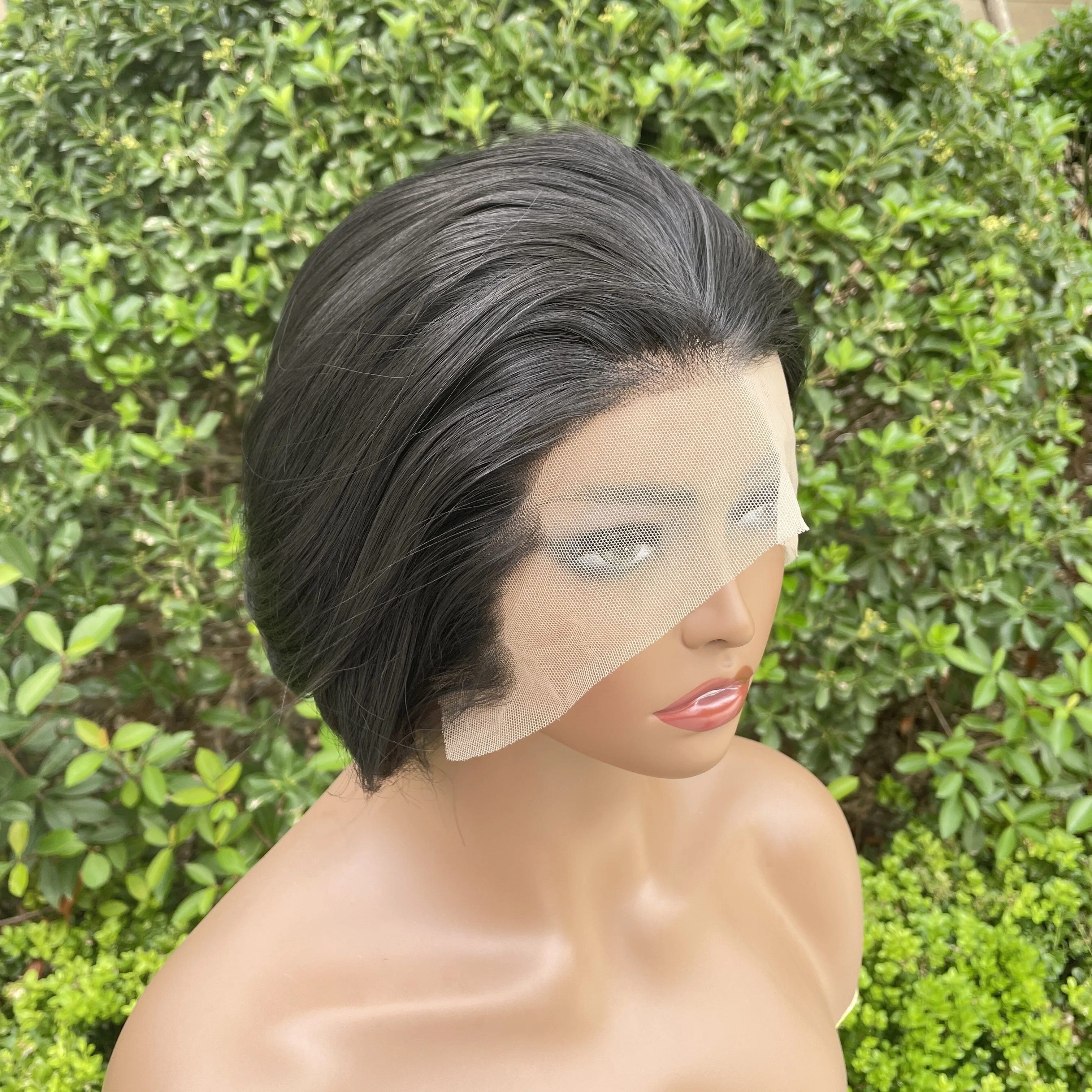 Widow‘s Peak Jet Black Synthetic Wig for Woman 13x4 Lace Front Wig Short Bob Cut Cosplay Wig for Man High Quality Medium Cap