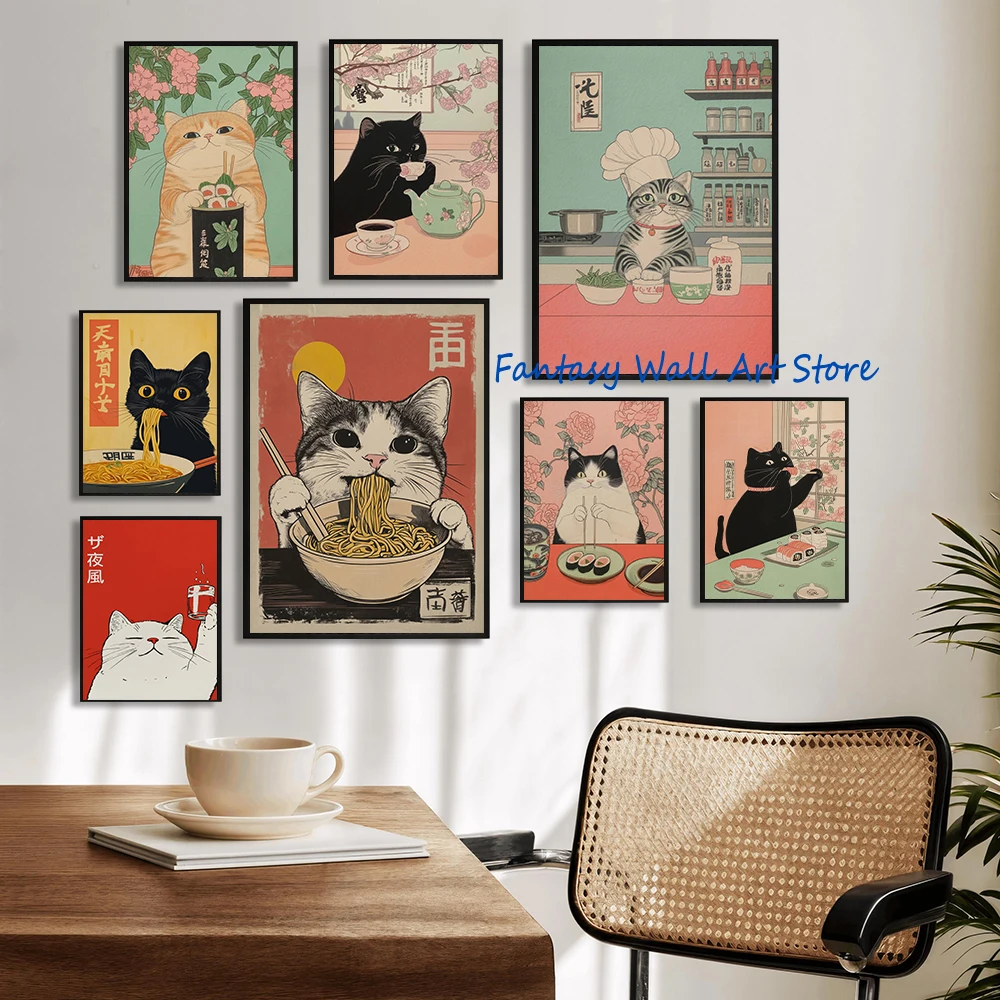 Japanese Kitchen Food Oden Boiled Sushi Lamian Noodles Ukiyo-e Flowers Cat Poster Japandi Wall Art Decor Canvas Print Home Decor