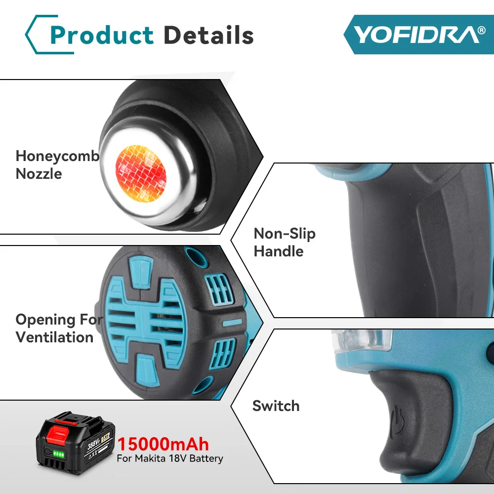 YOFIDRA 2000W Electric Heat Gun for Makita 18V Battery Cordless Handheld Hot Air Gun with 3 Nozzles Industrial Home Hair Dryer