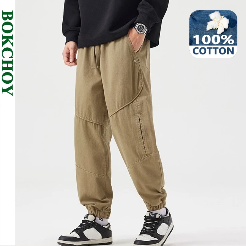 

2025 Autumn New Vintage Cargo 100% Cotton Loose Pants for Men Clothing Zipper Design Comfort Drawstring Male Trousers GF258312