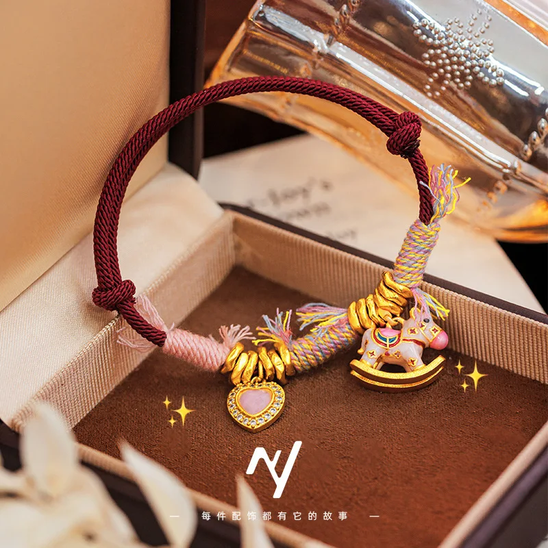 

Женский браслет из настоящего золота 9999 пробы с эмалью, в виде пони, с красной тибетской нитью, 2026 год, знак зодиака — Лошадь, подарок