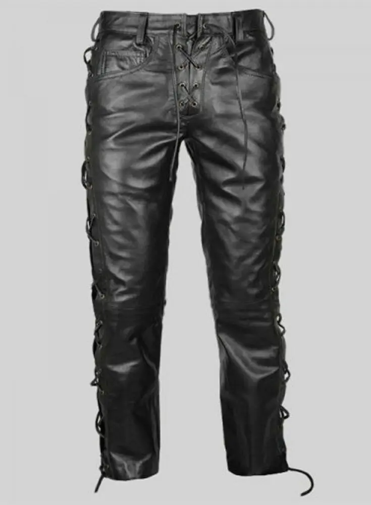 

Leather Pants Men Men's Trousers Pant Real Jeans Size Trouser Biker Fit Black European and American Fashion Trends