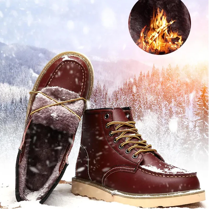 Winter Warm Men Boots Leather Mens Snow Boots with Fur Handmade Waterproof Male Ankle Boots No-slip High Top Male Work Shoes