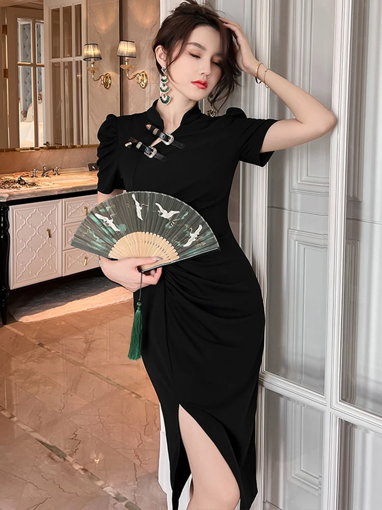 Qipao – Robe mi-longue noire pour Femme, tenue élégante de Style chinois, fendue et moulante, vêtement de fête, collection été 2023